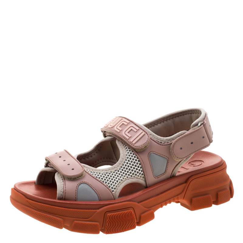 Pre Owned Gucci Tricolor Leather And Mesh Aguru Platform Sandals Size 37.5