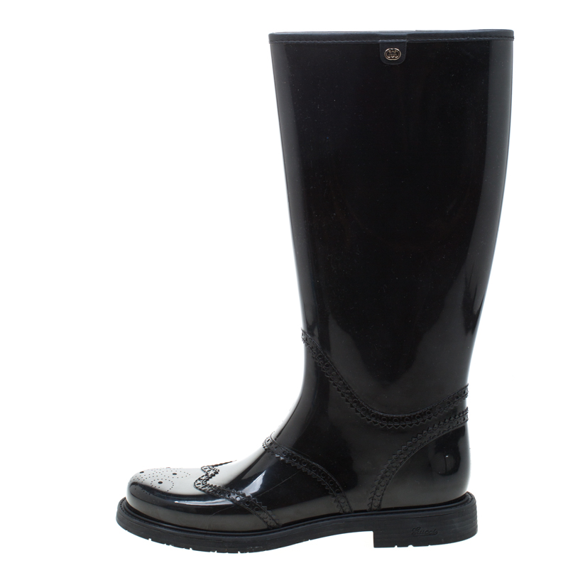 

Gucci Black Rubber Aberdeen Brogue Detail Mid Calf Rain Boots Size