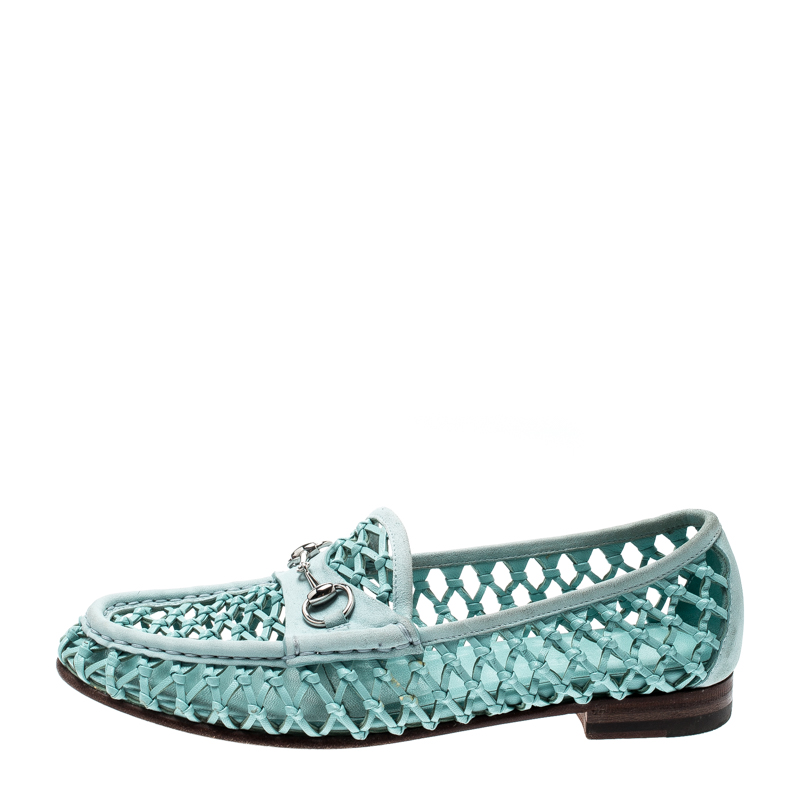 

Gucci Blue Woven Leather Horsebit Slip On Loafers Size