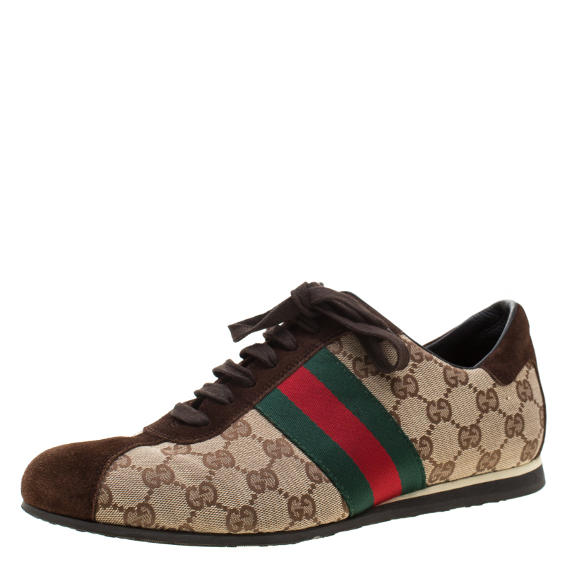 Gucci Beige GG Canvas And Brown Suede Web Detail Sneakers Size 41 Gucci ...