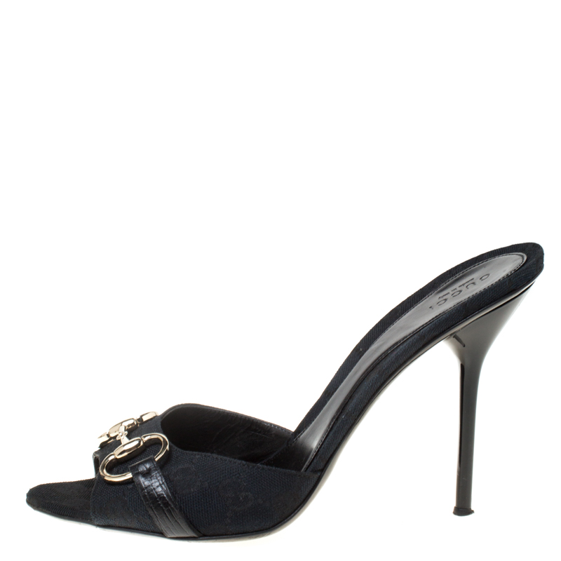 

Gucci Black Guccissima Canvas Horsebit Open Toe Sandals Size