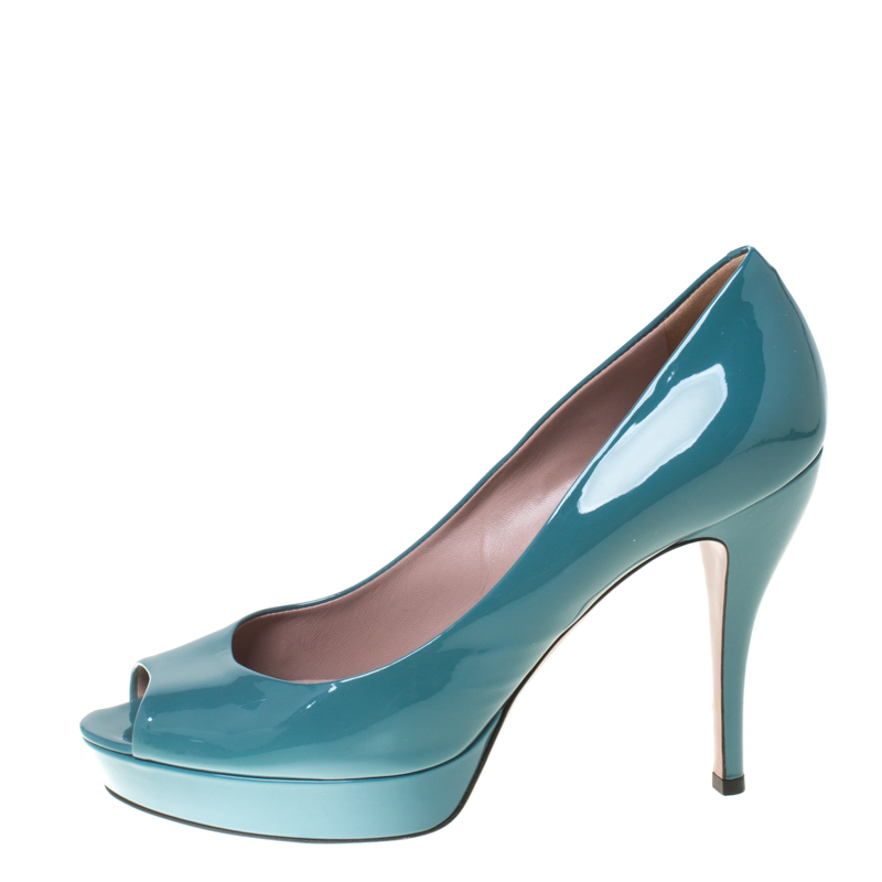 

Gucci Blue Patent Leather Peep Toe Platform Pumps Size