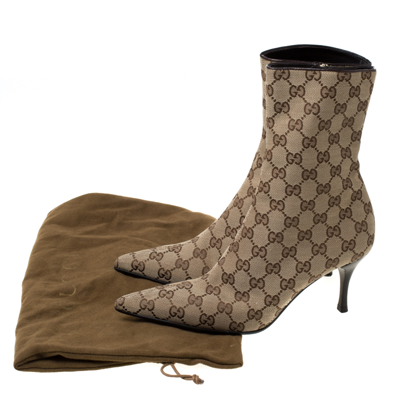 Gucci Brown And Beige GG Monogram Canvas Pointed Toe Ankle Boots Size   Gucci | TLC