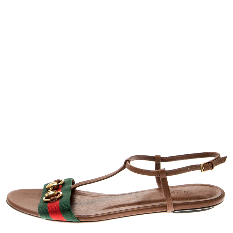 

Gucci Brown Leather Web Detail Liliana Horsebit Flat Sandals Size