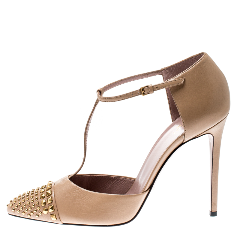 

Gucci Beige Leather Coline Studded T Strap Pumps Size