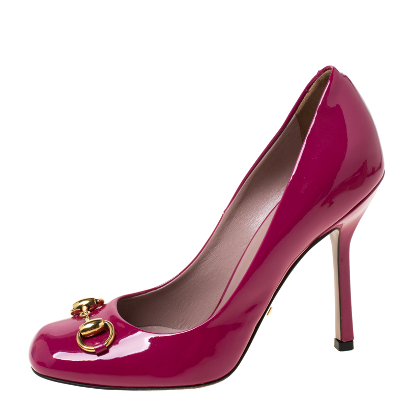 

Gucci Magenta Patent Leather Jolene Horsebit Pumps Size, Pink