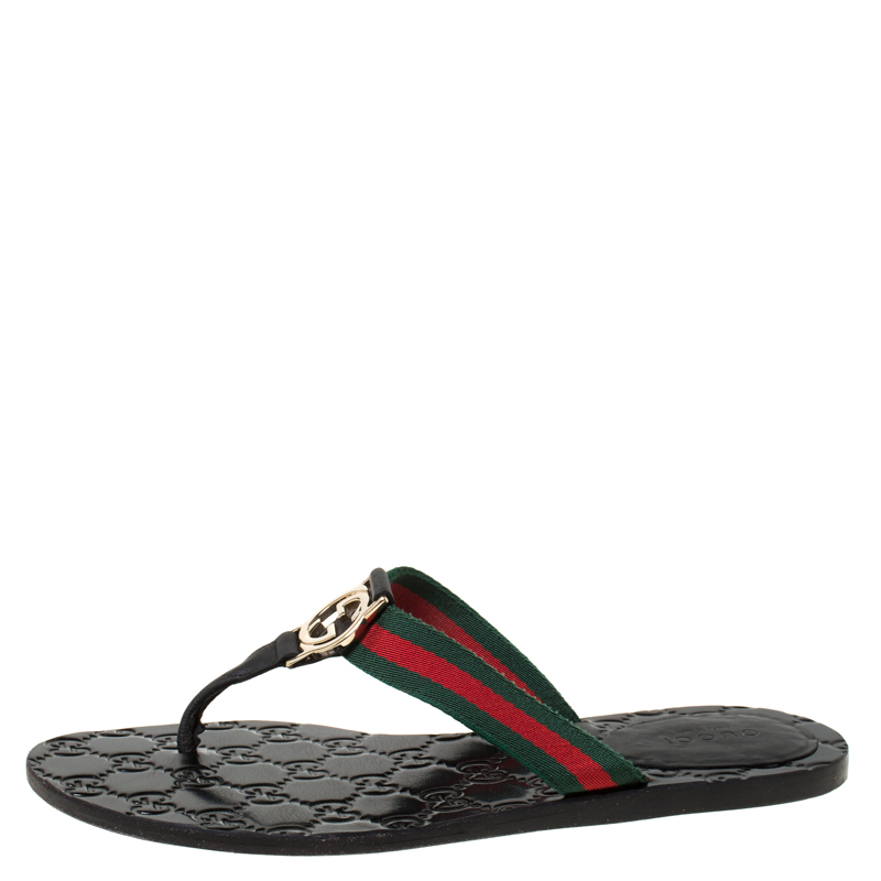 

Gucci Black Gucissima Leather and Canvas GG Thong Web Sandals Size