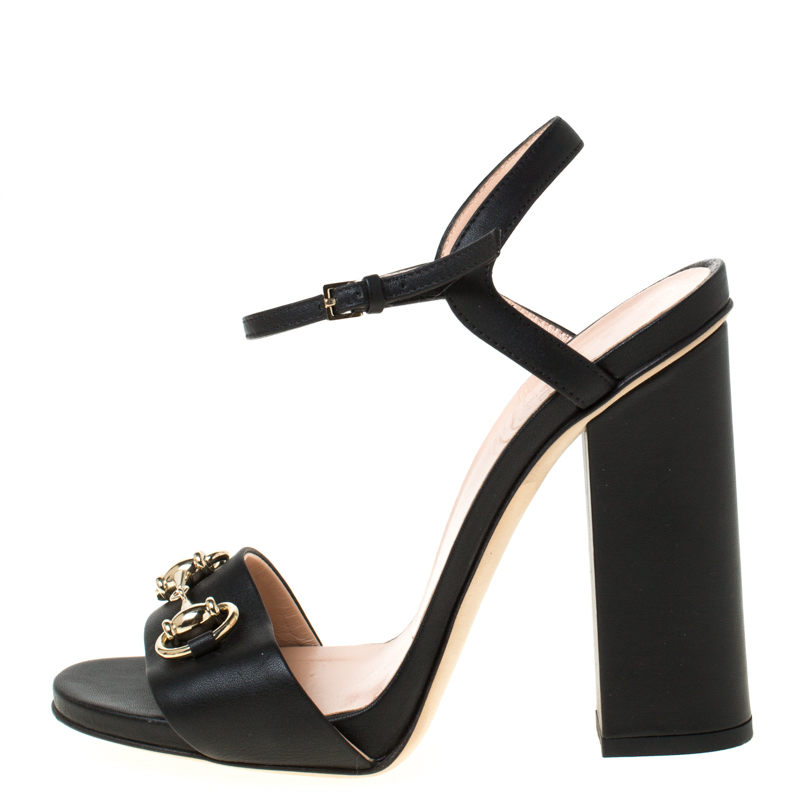 

Gucci Black Leather Horsebit Ankle Strap Block Heel Sandals Size