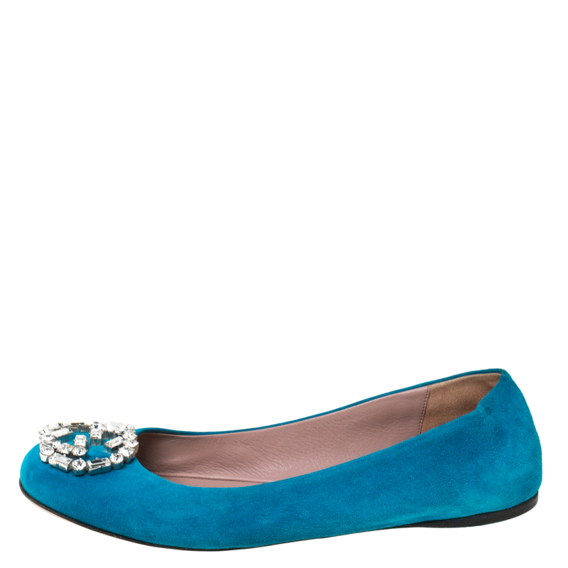 

Gucci Blue Suede Crystal GG Ballet Flats Size