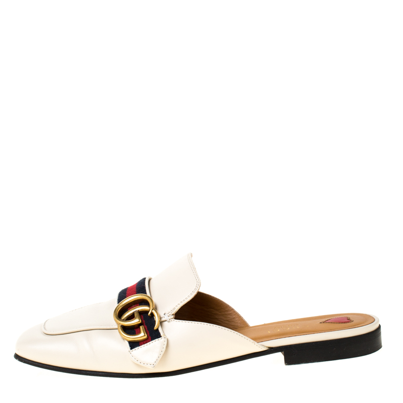 

Gucci Off White GG Twins Web Leather Slide Mules Size