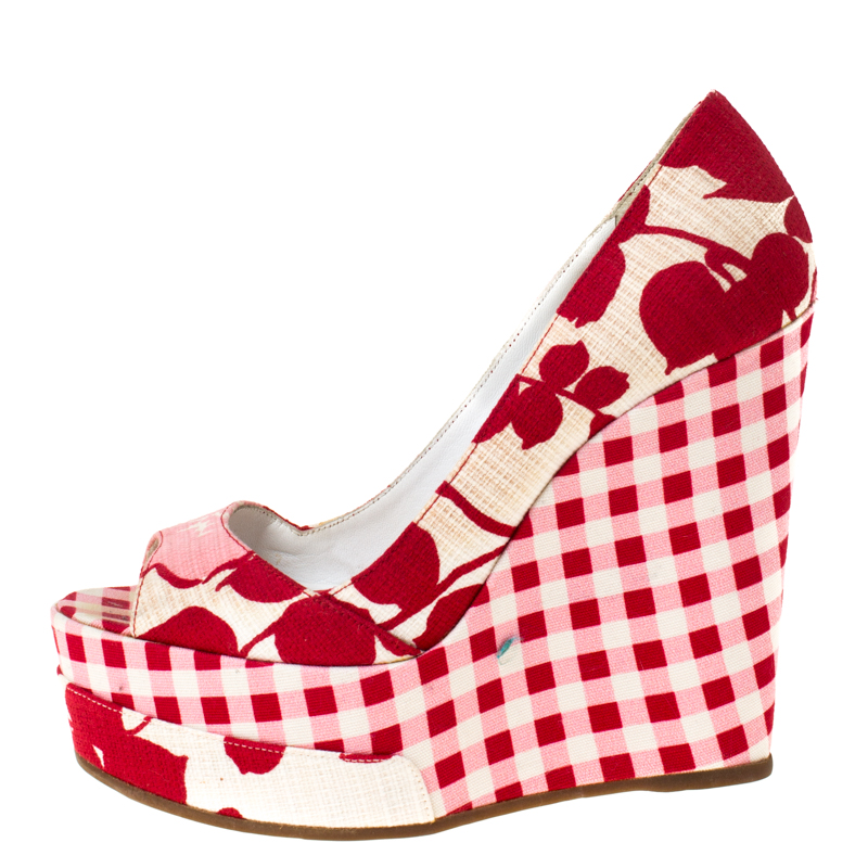 

Kenzo Red/White Printed Canvas Peep Toe Checkered Wedge Pumps Size