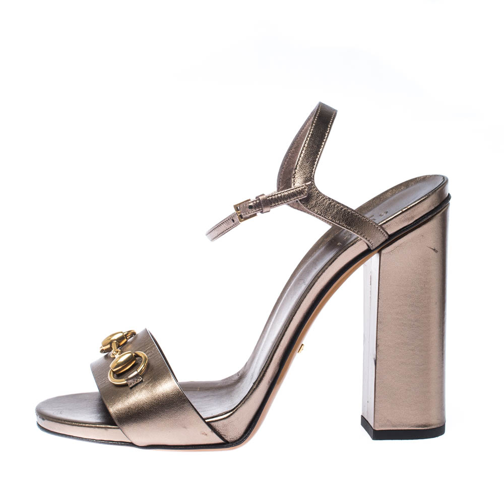 

Gucci Metallic Leather Horsebit Ankle Strap Block Heel Sandals Size