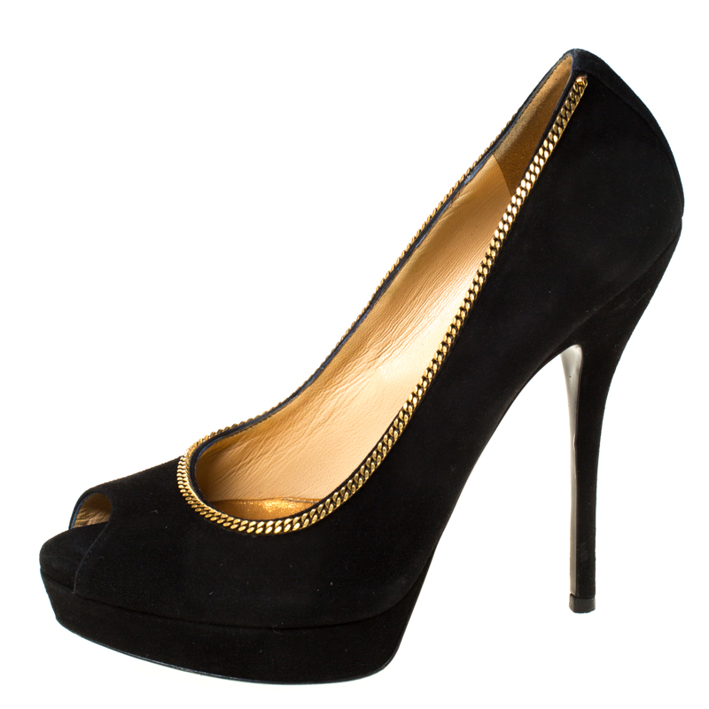

Gucci Black/Gold Suede Chain Peep Toe Platform Pumps Size