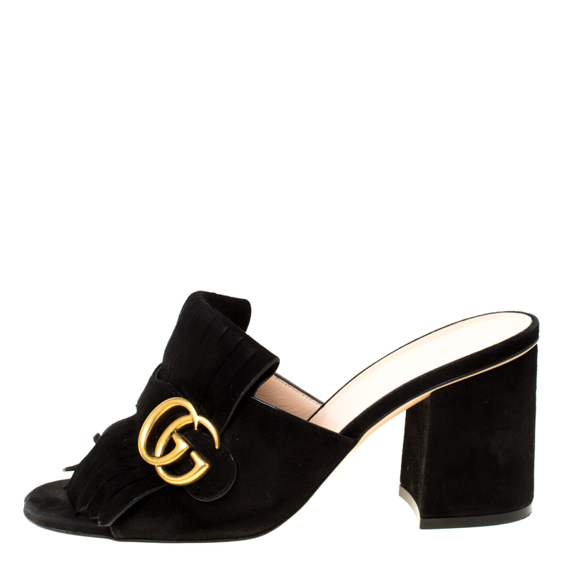 

Gucci Black Suede Leather GG Marmont Fringe Mules Size