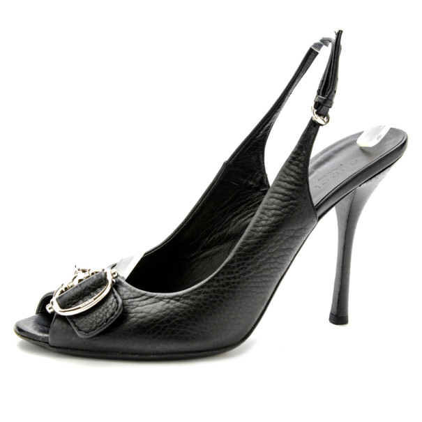 Pre Owned Gucci Black Leather 'Techno Horsebit' Peep Toe Slingback Sandals Size 39