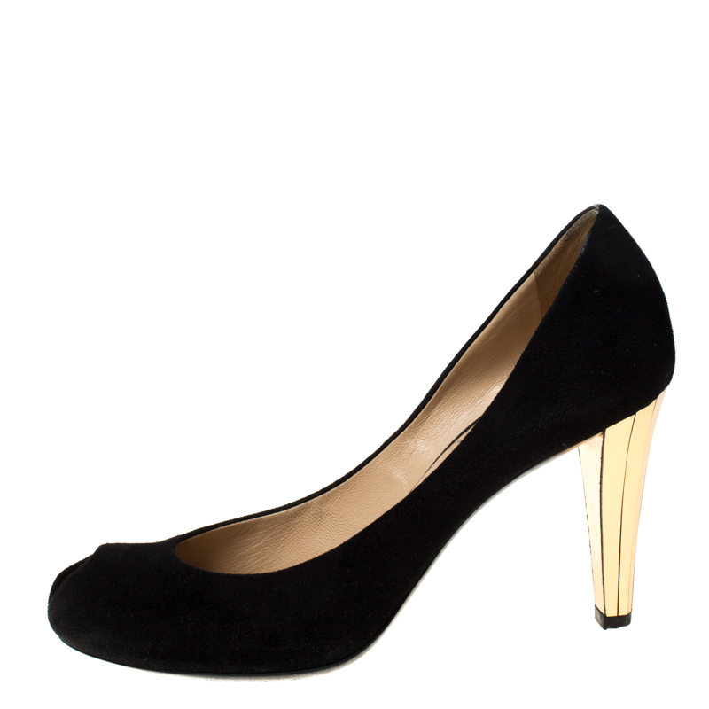 Pre-owned Gucci Black Suede Peep Toe Pumps Size 38.5