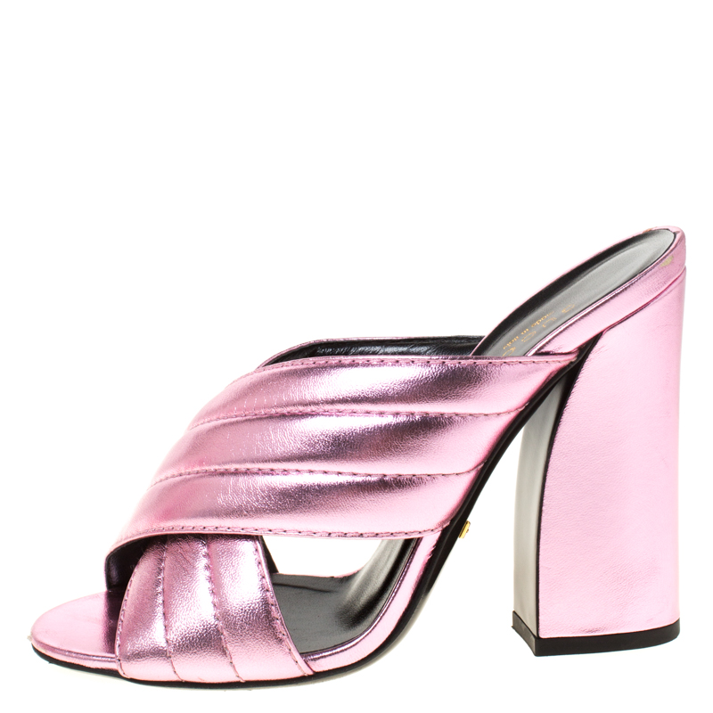

Gucci Metallic Pink Leather Sylvia Crossover Mules Size