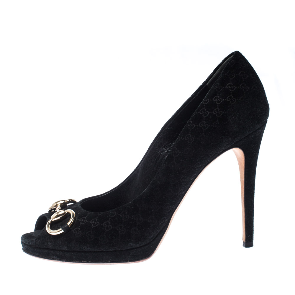 

Gucci Black GG Suede Horsebit Peep Toe Pumps Size .5