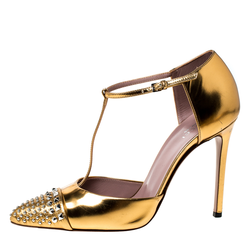 

Gucci Metallic Gold Foil Leather Studed T-Strap Pumps Size