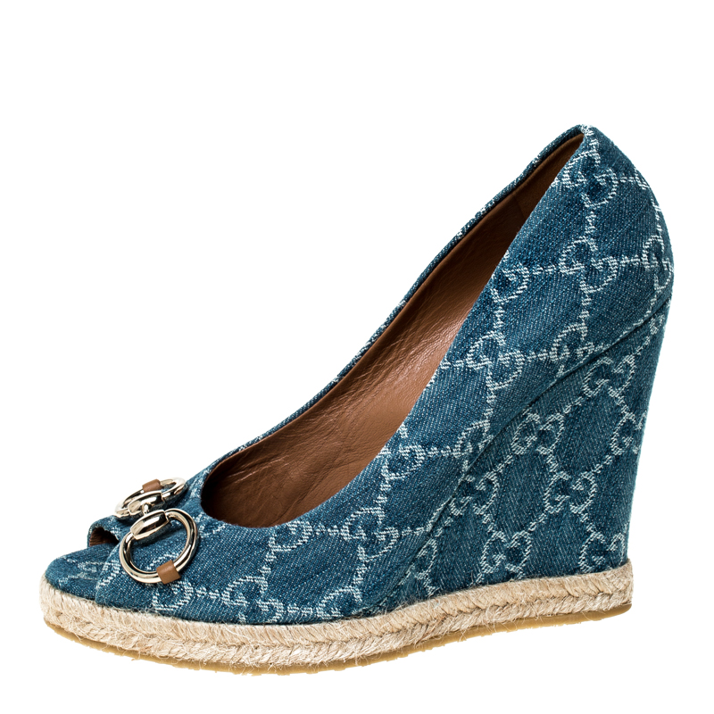 

Gucci Blue Guccissima Canvas Horsebit Peep Toe Wedge Platform Pumps Size