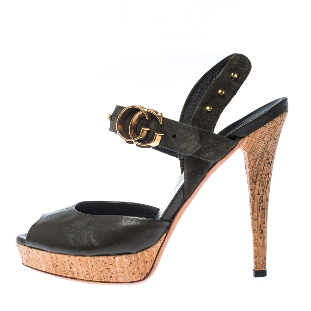 

Gucci Green Suede Leather GG Ankle Strap Peep Toe Cork Platform Sandals Size