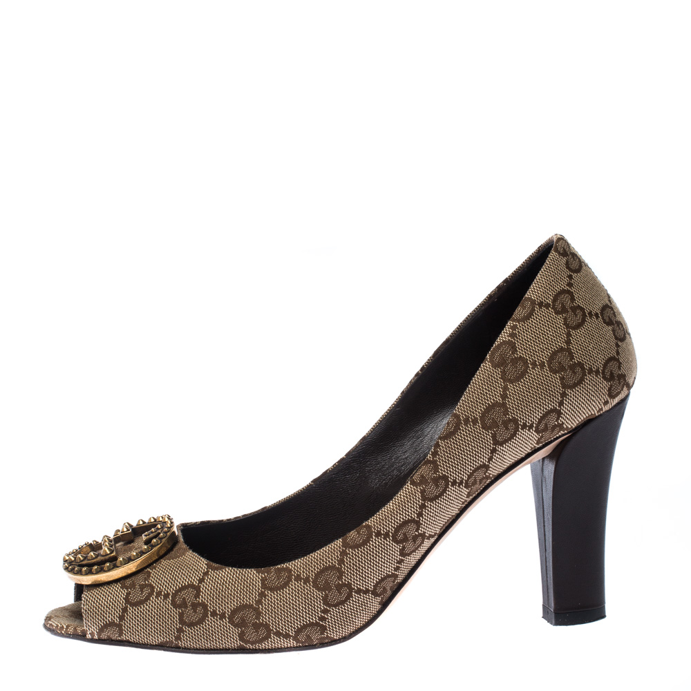 

Gucci Beige/Brown Monogram Canvas GG Peep Toe Pumps Size
