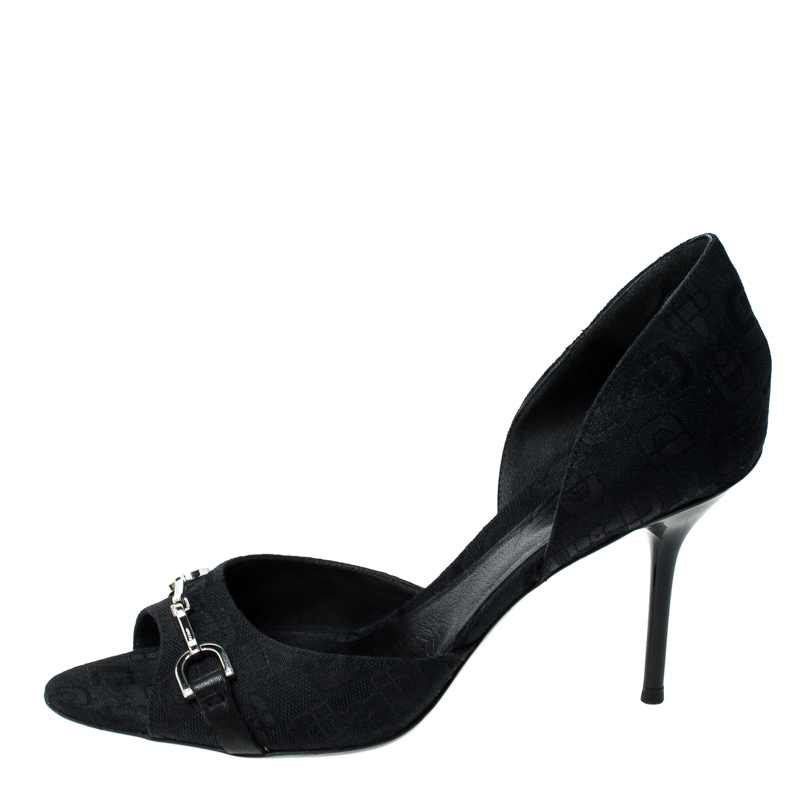 

Gucci Black Canvas Horsebit D'Orsay Peep Toe Pumps Size