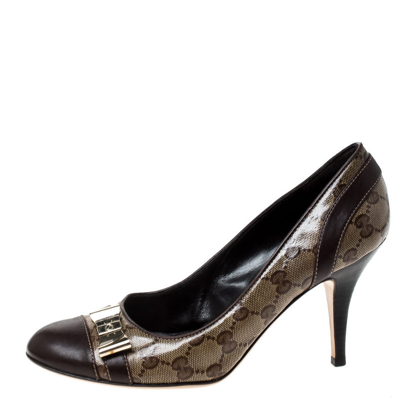 

Gucci Brown Leather GG Crystal Canvas Bow Pumps Size