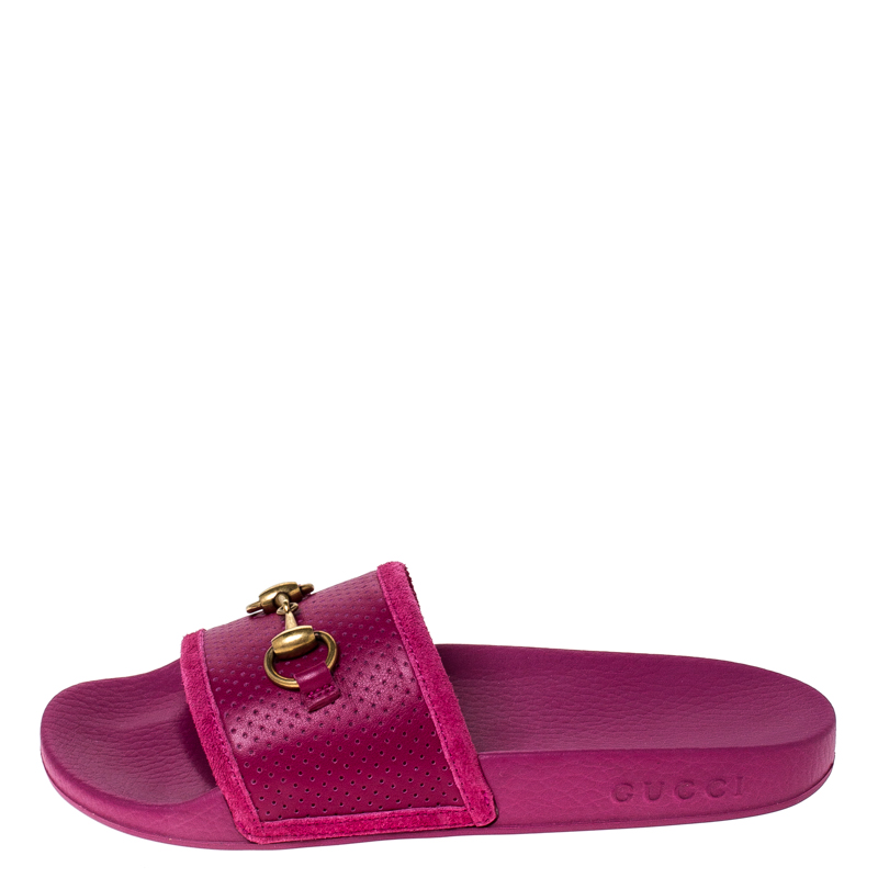 

Gucci Fushia Pink Leather Horsebit Slip On Slides Size