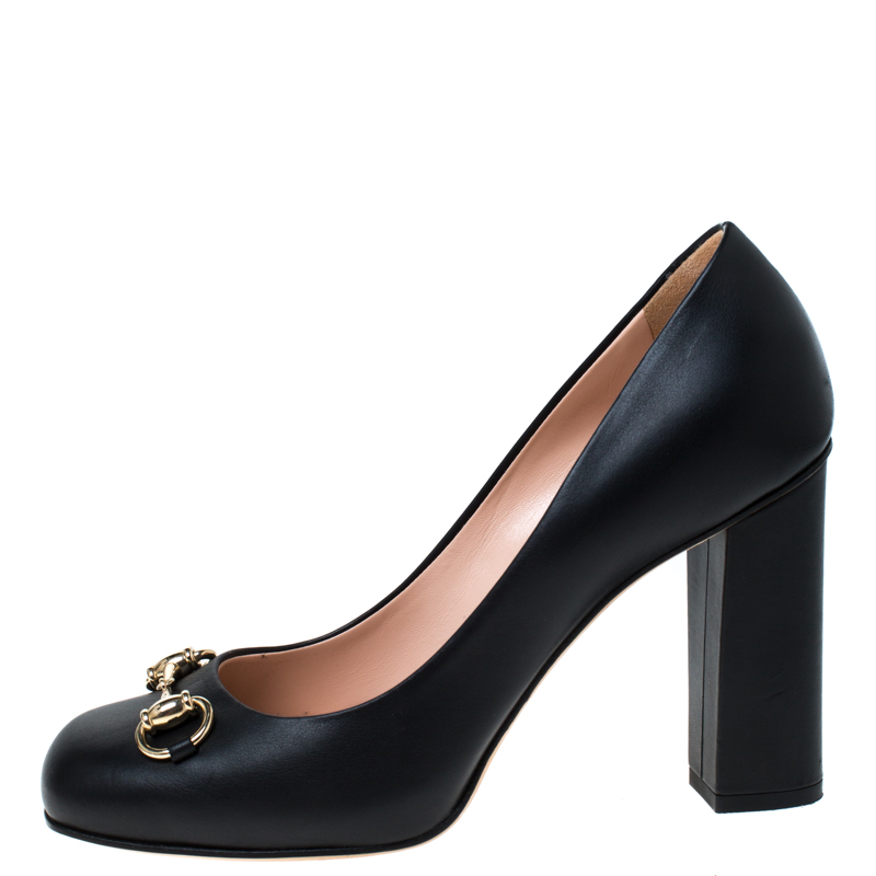 

Gucci Black Leather Horsebit Block Heel Pumps Size