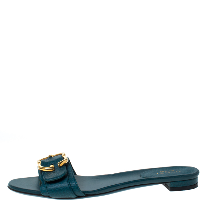 

Gucci Dark Green Leather Interlocking G Buckle Slide Sandals Size
