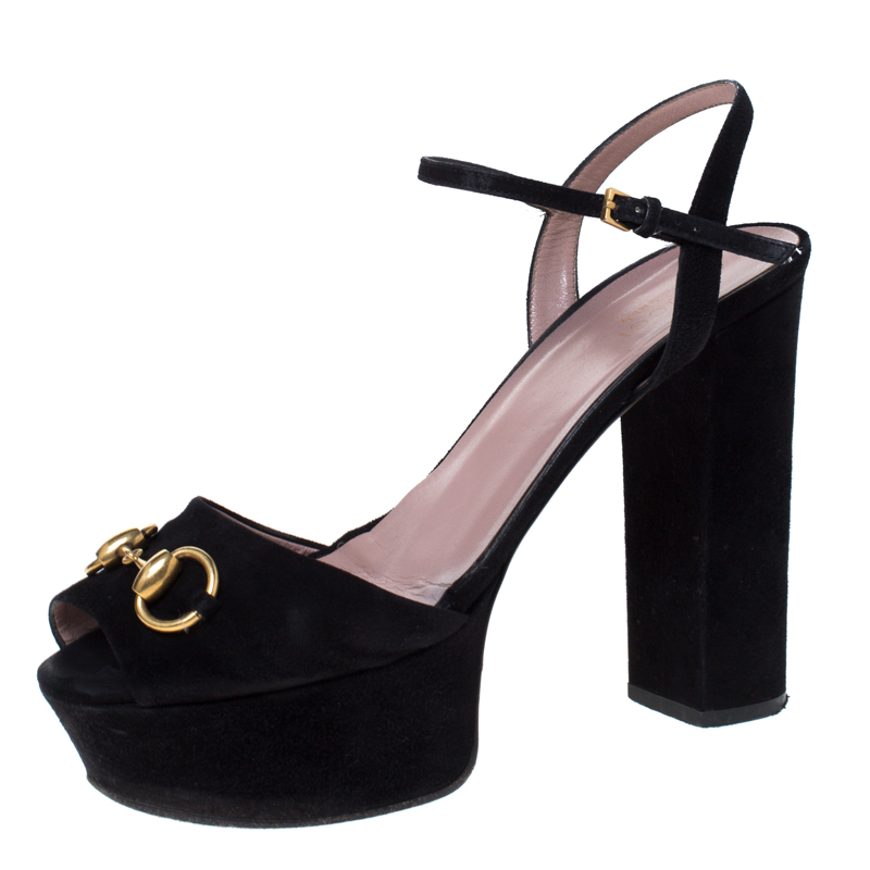 Gucci Black Leather Claudie Horsebit Peep Toe Platform Sandals Size 38. ...