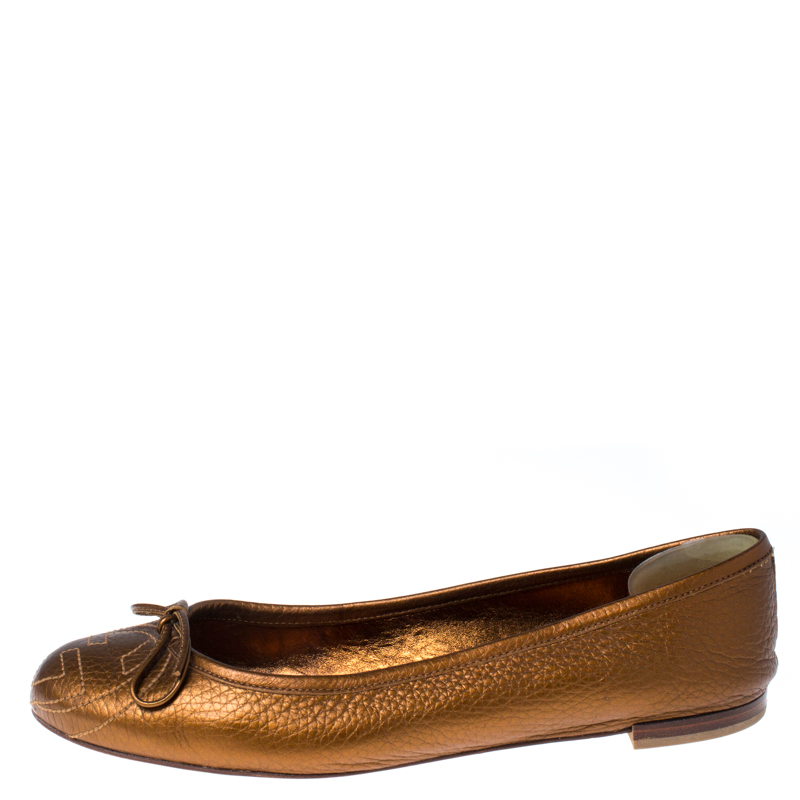 

Gucci Golden Brown GG Leather Bow Ballet Flats Size