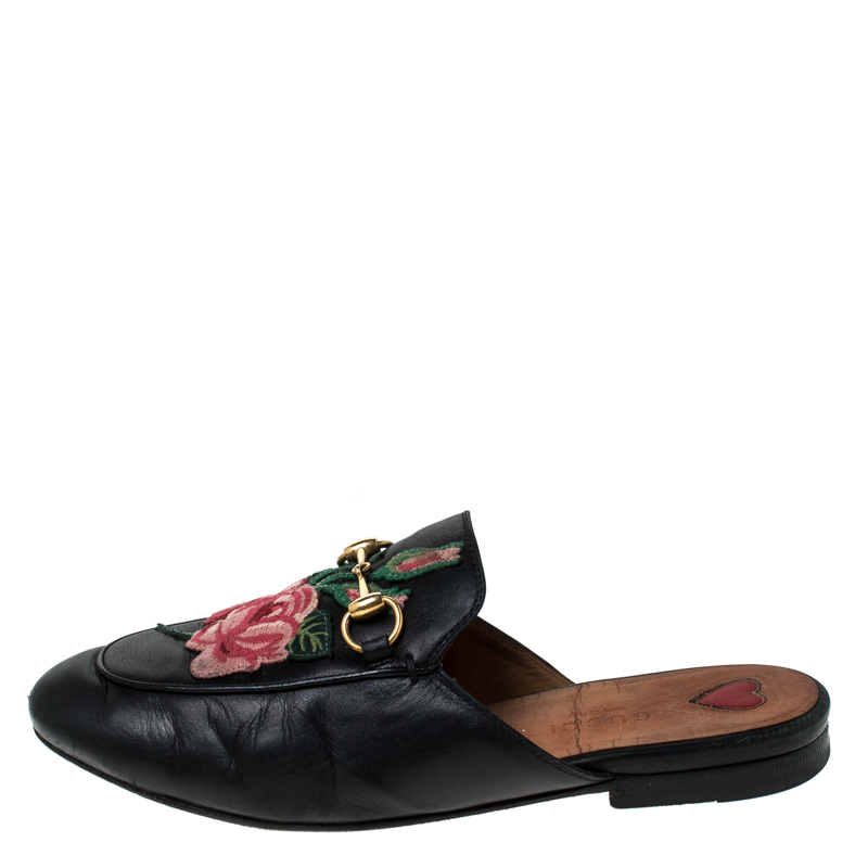 

Gucci Black Floral Leather Princetown Horsebit Slip On Slides Size