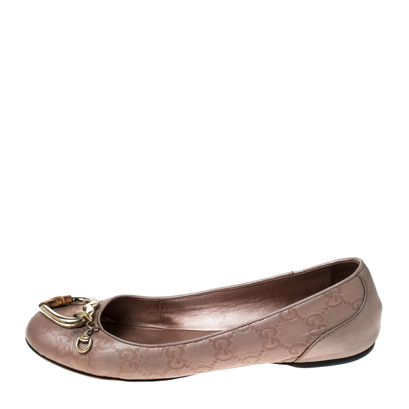 

Gucci Beige Guccissima Leather Bamboo Heart Ballet Flats Size