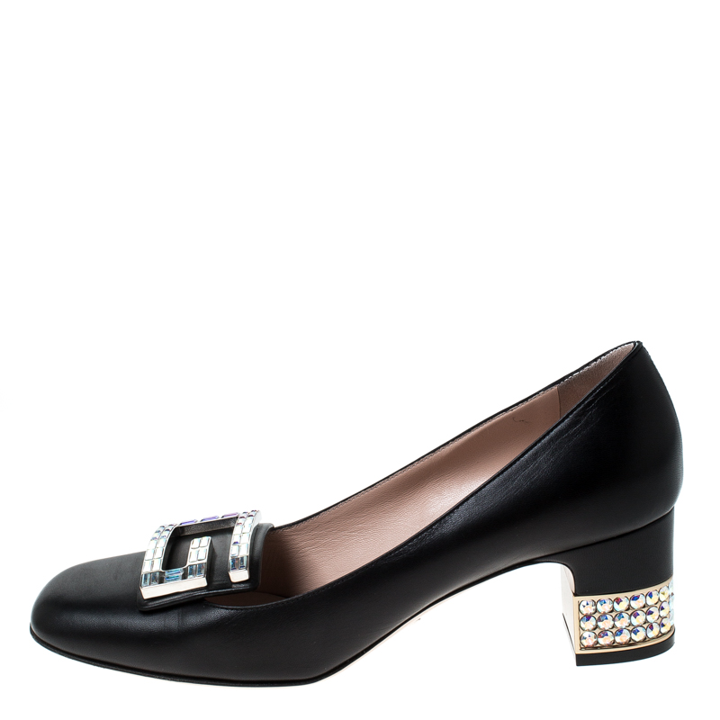 

Gucci Black Leather Crystal G Mid Heel Pumps Size