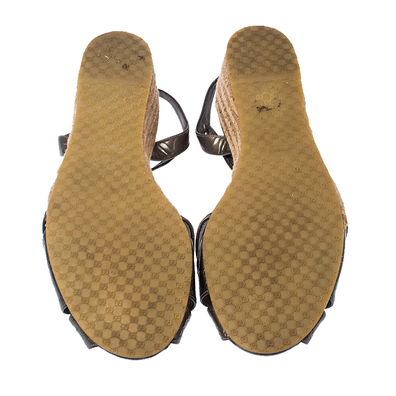 Gucci Black Micro Guccissima Patent Leather Penelope Espadrille Wedge  Sandals Size 38.5