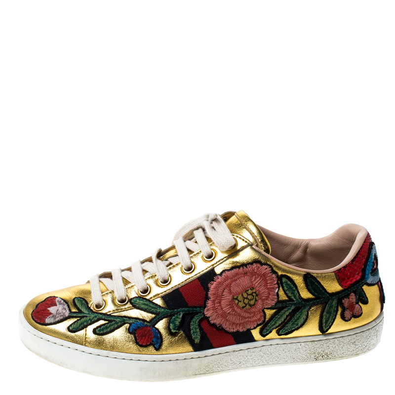

Gucci Metallic Gold Leather Ace Floral Web Lace Up Sneakers Size