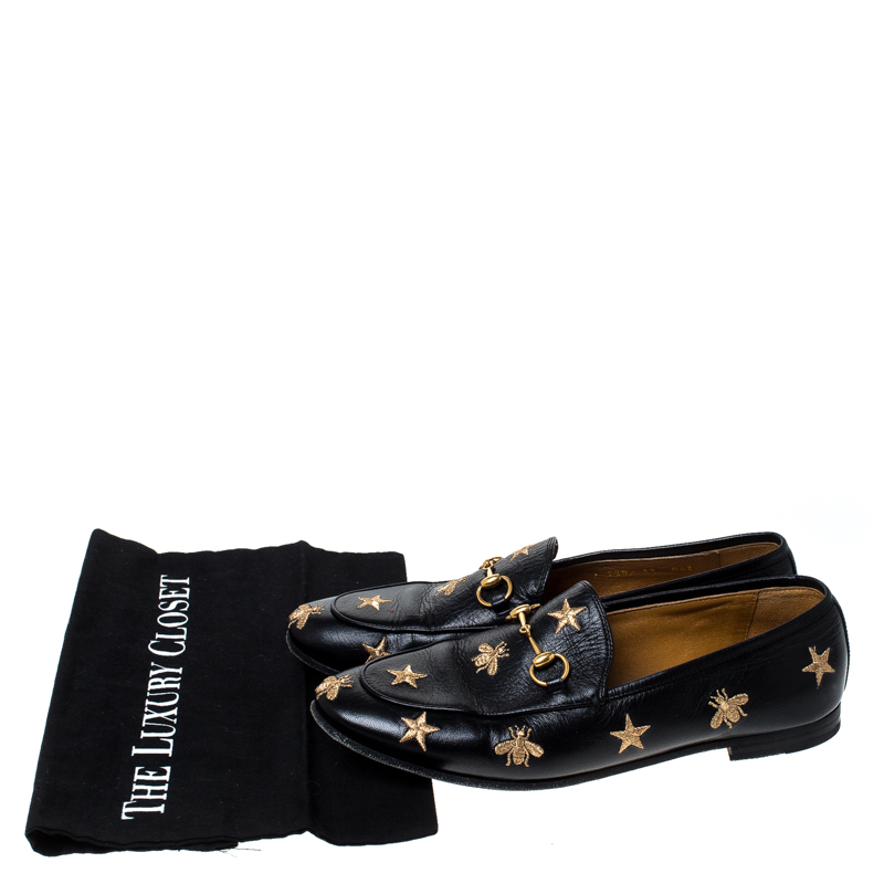 Gucci Black Leather Embroidered Bee Star Horsebit Slip On Loafers Size 39