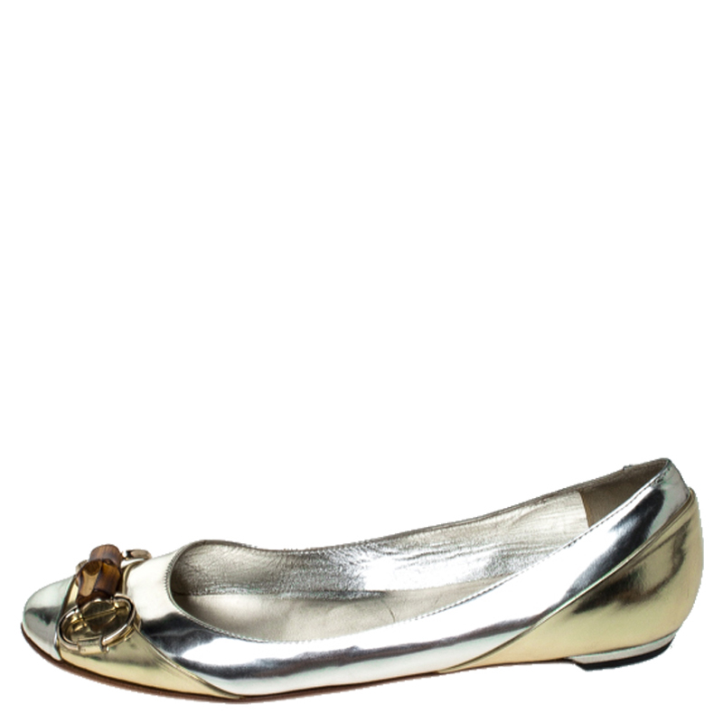 

Gucci Silver/Gold Leather Bamboo Horsebit Ballet Flats Size