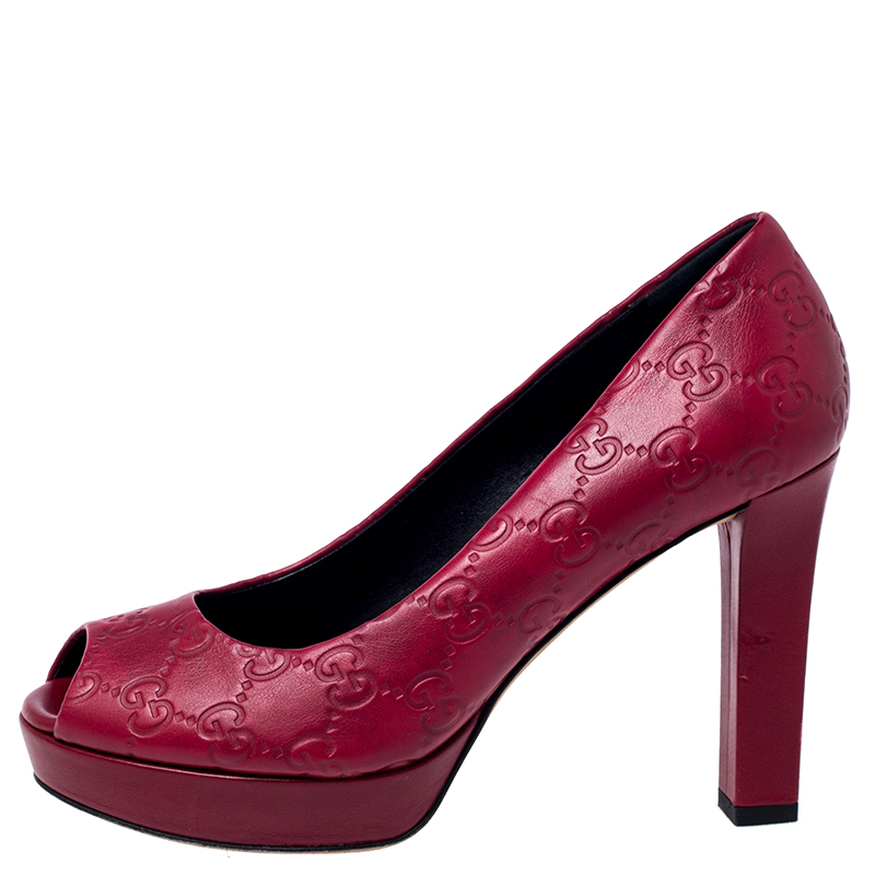 

Gucci Red Leather GG Guccissima Peep Toe Platform Pumps Size