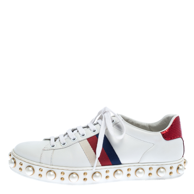 

Gucci White Leather Python Trim Web Detail New Ace Faux Pearl Embellished Low Top Sneakers Size