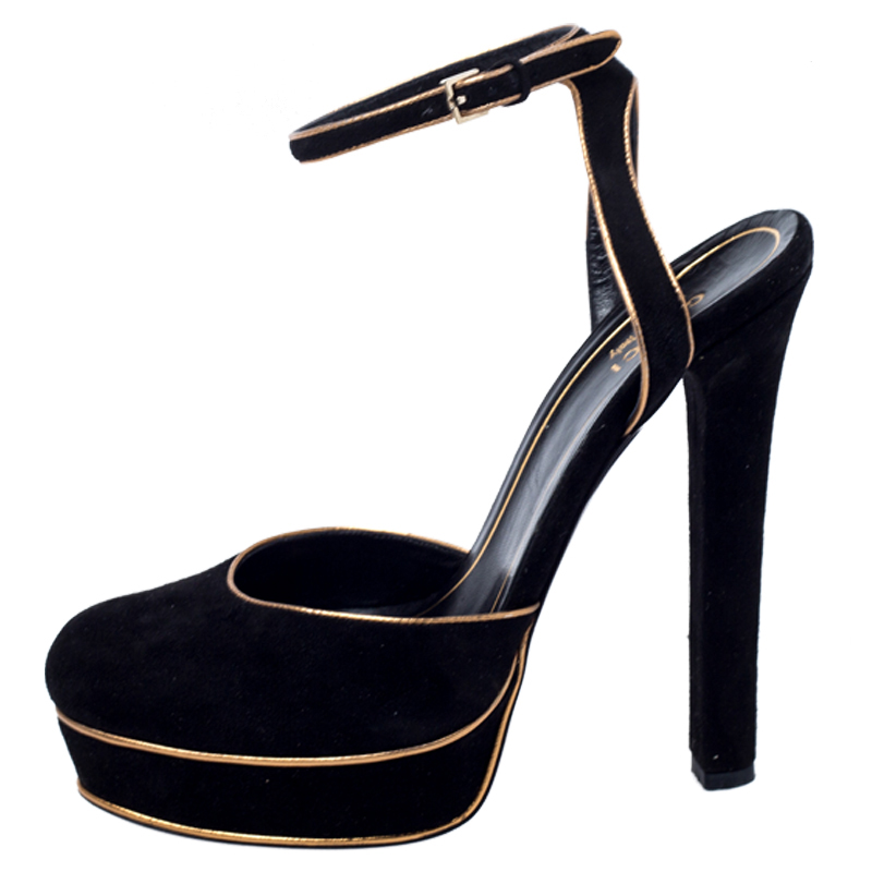 

Gucci Black/Gold Suede Huston Ankle Strap Platform Sandals Size