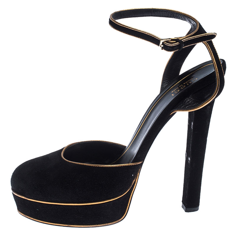

Gucci Black/Gold Suede Huston Ankle Strap Platform Sandals Size