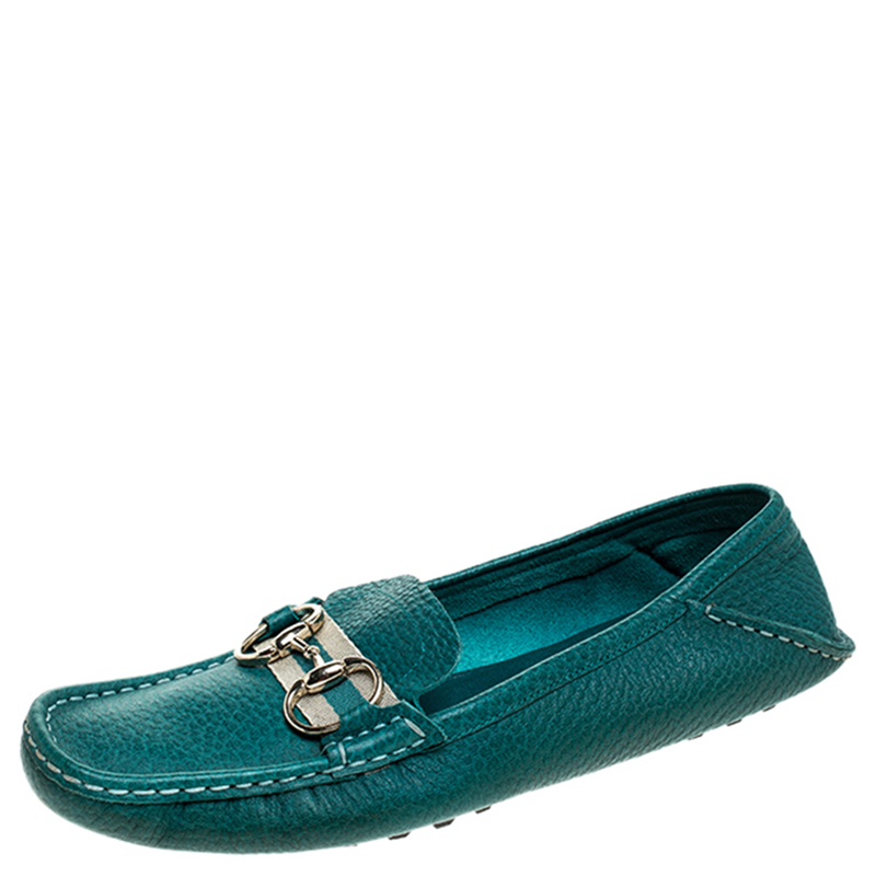 Pre Owned Gucci Blue Leather Horsebit Slip On Loafers Size 39