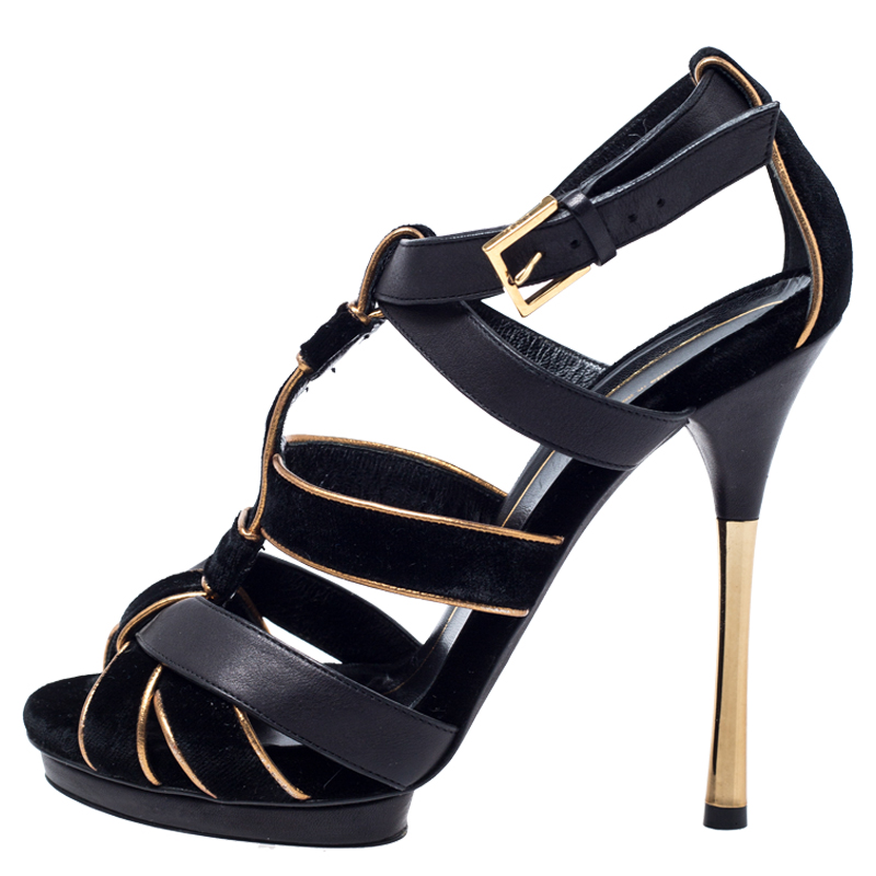 

Gucci Black Velvet And Leather Malika Strappy Ankle Strap Sandals Size