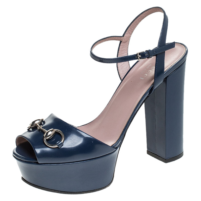 Gucci Blue Leather Claudie Horsebit Peep Toe Platform Sandals Size 38 ...