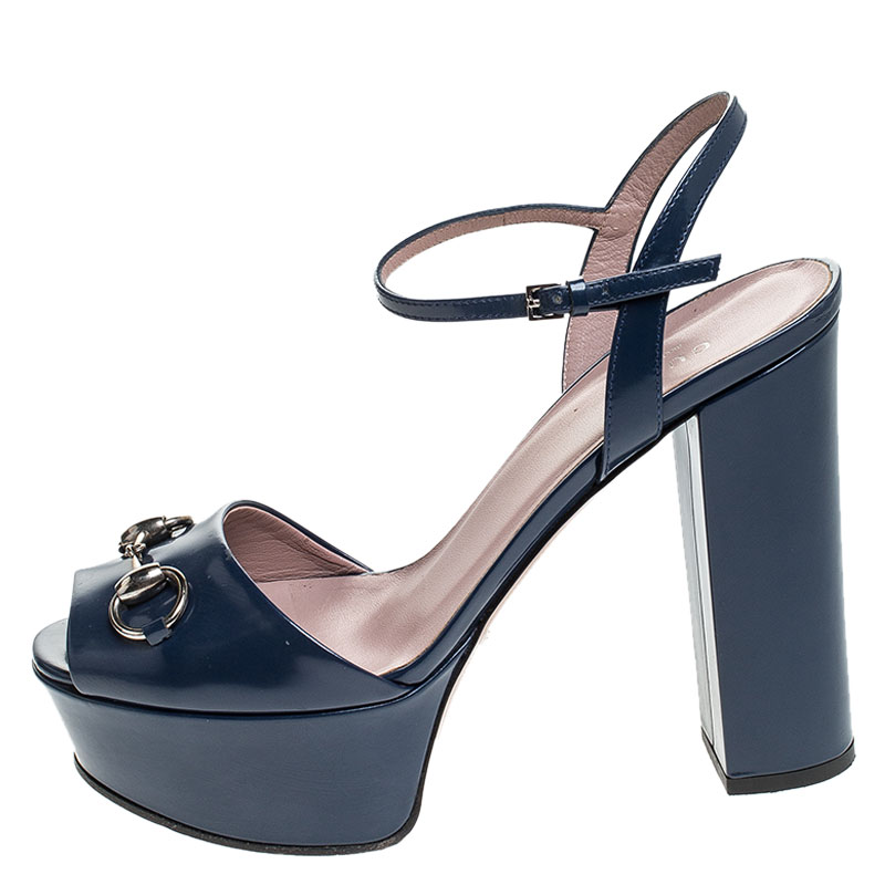 

Gucci Blue Leather Claudie Horsebit Peep Toe Platform Sandals Size, Navy blue