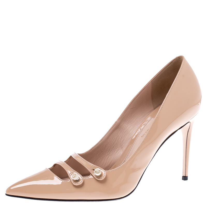 Gucci Beige Patent Leather Aneta Double Strap Pointed Toe Pumps Size 38.5