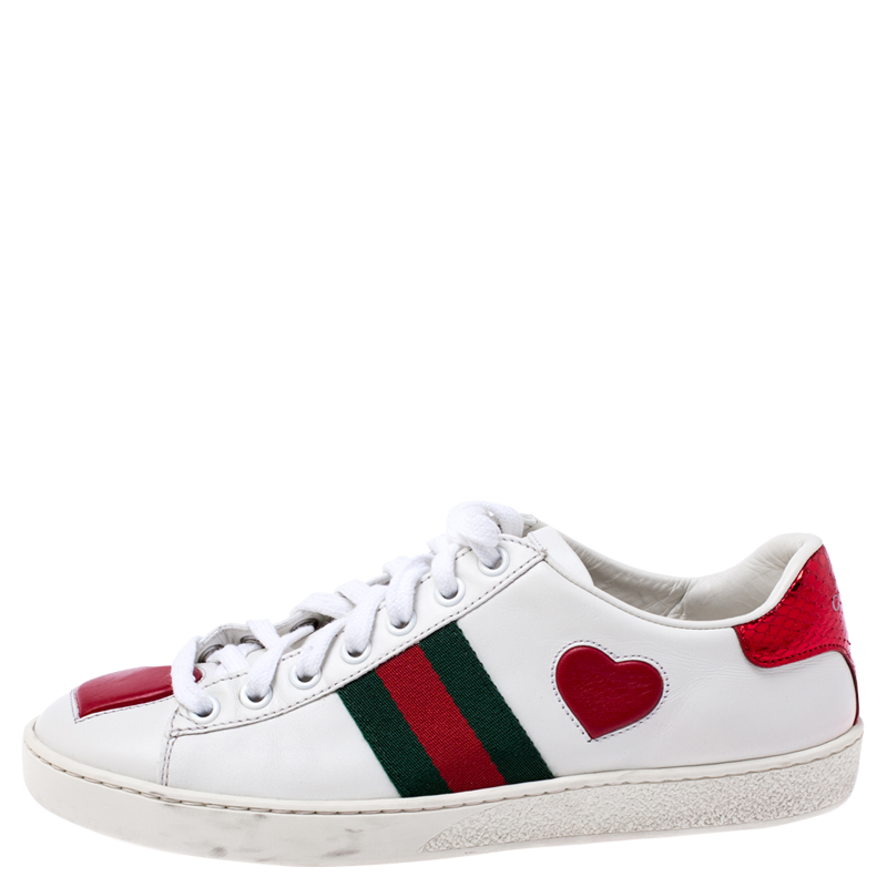 

Gucci White Leather Ace Web Heart Detail Lace Up Sneaker Size